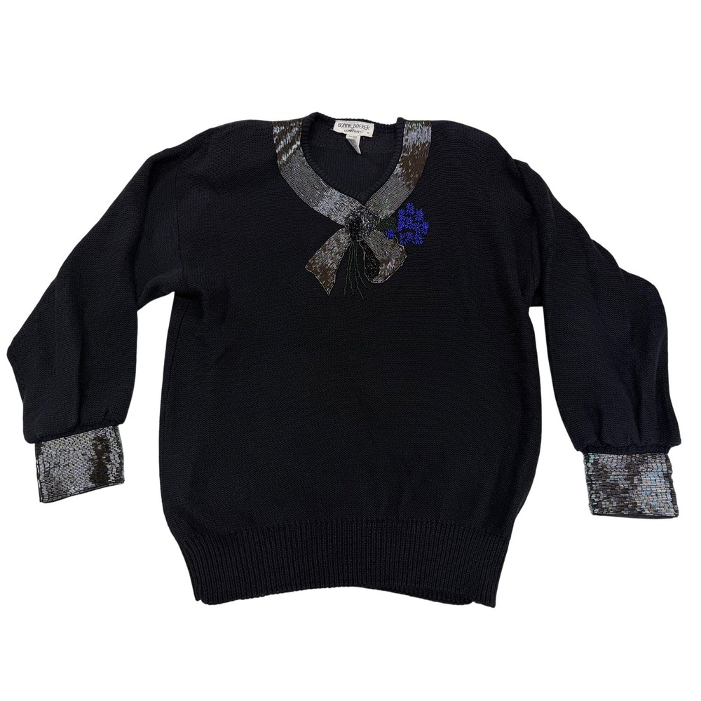 VTG Bonnie Boerer Sweater Black Beaded Sequin Bow Floral Ramie‎ Cotton Womens M
